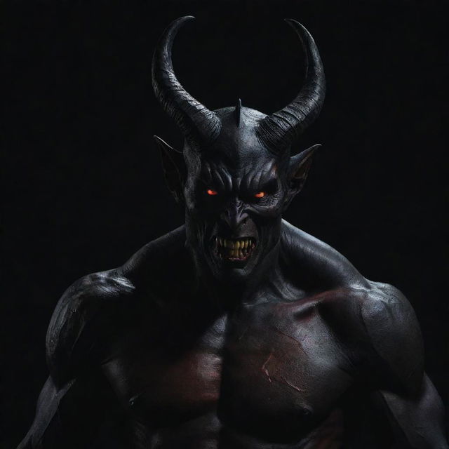 A menacing figure of a devil, entirely in black, with sharp horns, piercing red eyes, and a sinuous tail against a dark backdrop