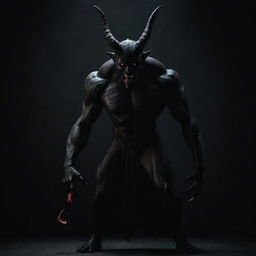 A menacing figure of a devil, entirely in black, with sharp horns, piercing red eyes, and a sinuous tail against a dark backdrop