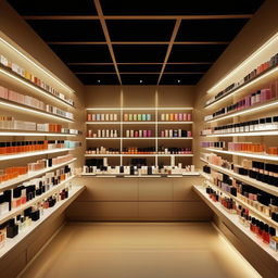 Concise perfume shop interior, 10 feet width, 3 feet length, showcasing streamlined shelving filled with designer fragrance bottles, ambient lighting, and an intimate shopping experience atmosphere.