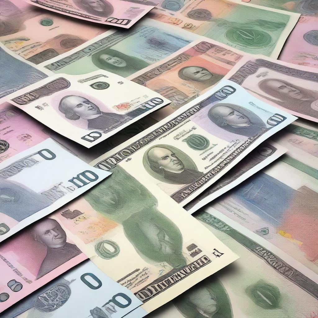 This is a high-quality, digitally rendered image featuring a pile of various currencies