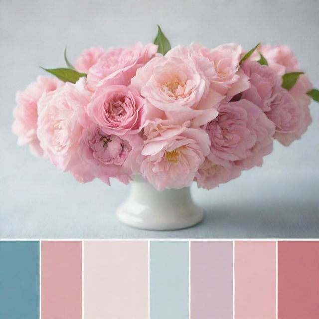 Showcase a color palette where various shades of pink are complemented by harmonious colors such as soft grays,-pearly whites, or deep blues, demonstrating the perfect color matches.