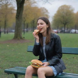 The same cheerful girl, now sitting alone in the park, munching on a burger as rain begins to fall under the initially cloudy and windy sky.