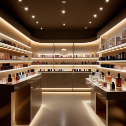 Concise perfume shop interior, 10 feet width, 3 feet length, showcasing streamlined shelving filled with designer fragrance bottles, ambient lighting, and an intimate shopping experience atmosphere.