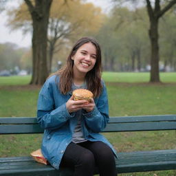 The same cheerful girl, now sitting alone in the park, munching on a burger as rain begins to fall under the initially cloudy and windy sky.