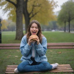 The same cheerful girl, now sitting alone in the park, munching on a burger as rain begins to fall under the initially cloudy and windy sky.