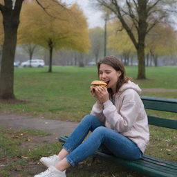 The same cheerful girl, now sitting alone in the park, munching on a burger as rain begins to fall under the initially cloudy and windy sky.