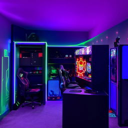 Square gaming room, left wall with gate and above storage compartment, right wall with cupboard, in front a bed, LED gaming lights décor, gaming table setup.