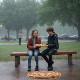 The scene is expanded to include a boy joining the girl under the rain, sitting next to her with a pizza in the same cloudy park.