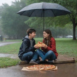 The scene is expanded to include a boy joining the girl under the rain, sitting next to her with a pizza in the same cloudy park.