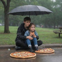 The scene is expanded to include a boy joining the girl under the rain, sitting next to her with a pizza in the same cloudy park.