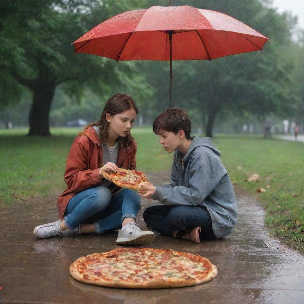 The scene is expanded to include a boy joining the girl under the rain, sitting next to her with a pizza in the same cloudy park.