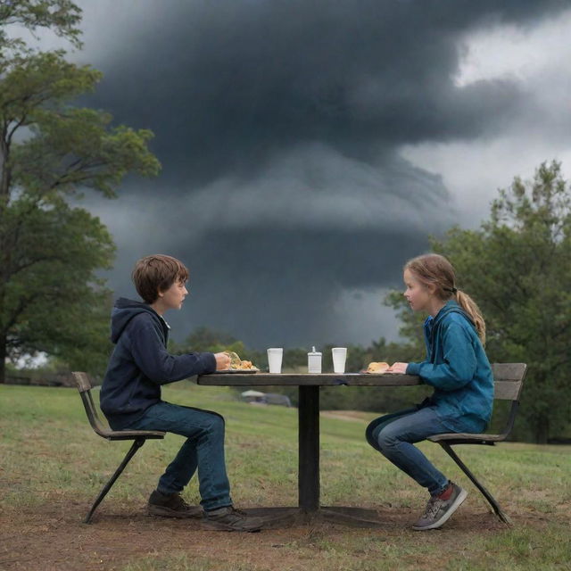 The scene has evolved again - after finishing their meal, the boy and the girl engage in conversation, just as a storm intentionally erupts in the cloudy park.