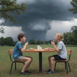 The scene has evolved again - after finishing their meal, the boy and the girl engage in conversation, just as a storm intentionally erupts in the cloudy park.