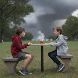 The scene has evolved again - after finishing their meal, the boy and the girl engage in conversation, just as a storm intentionally erupts in the cloudy park.