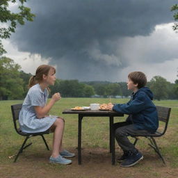 The scene has evolved again - after finishing their meal, the boy and the girl engage in conversation, just as a storm intentionally erupts in the cloudy park.