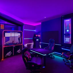 Square gaming room, left wall with gate and above storage compartment, right wall with cupboard, in front a bed, LED gaming lights décor, gaming table setup.