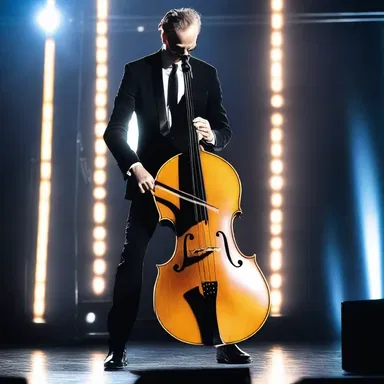 The fashion-forward musician walked on stage wearing a sleek black suit accessorized with a contrabass, making a bold and statement-making entrance.