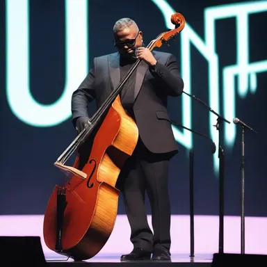 The fashion-forward musician walked on stage wearing a sleek black suit accessorized with a contrabass, making a bold and statement-making entrance.