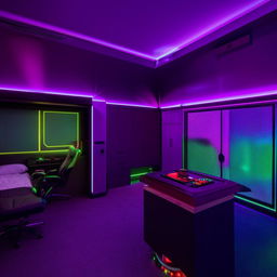 Square gaming room, left wall with gate and above storage compartment, right wall with cupboard, in front a bed, LED gaming lights décor, gaming table setup.