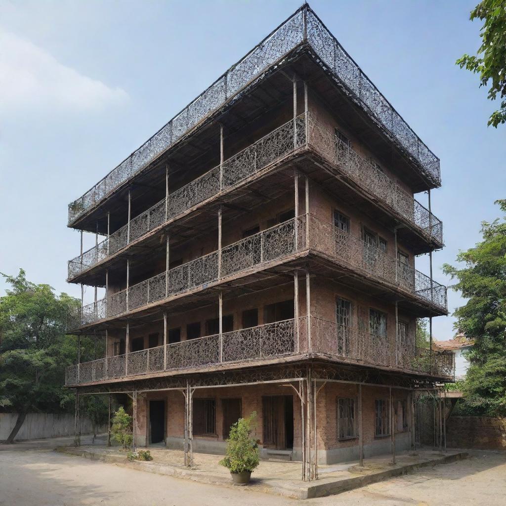 A two-story iron structure that is 3 meters long and 150 cm tall.