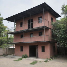 A two-story iron structure that is 3 meters long and 150 cm tall.