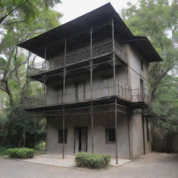 A two-story iron structure that is 3 meters long and 150 cm tall.