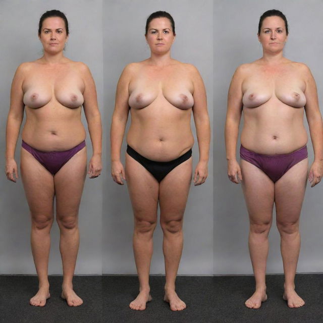 Generate 5 pairs of images depicting an individual's fitness transformation; capturing their journey from overweight to a healthy and fit state.