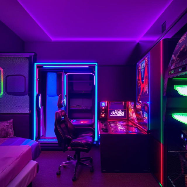 Square gaming room, left wall with gate and above storage compartment, right wall with cupboard, in front a bed, LED gaming lights décor, gaming table setup.