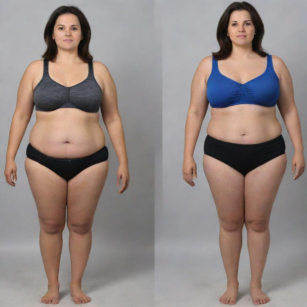 Generate a before-and-after visual depiction of an individual's weight loss journey of losing 20 kilograms.