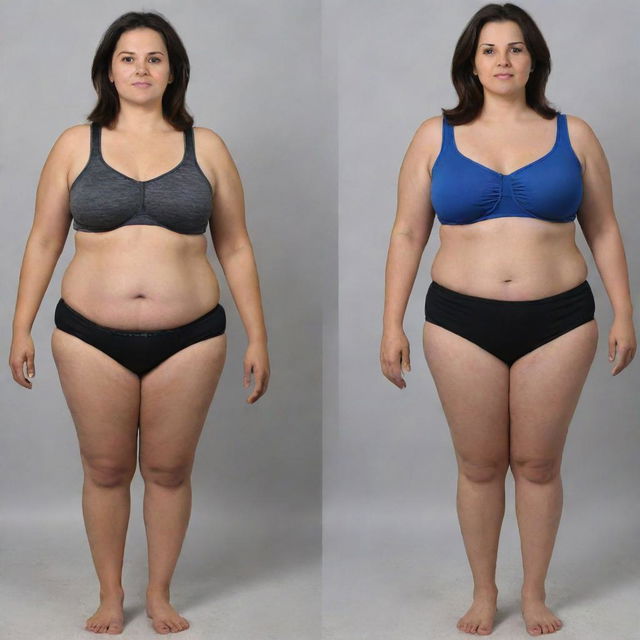 Generate a before-and-after visual depiction of an individual's weight loss journey of losing 20 kilograms.