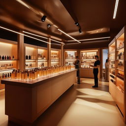 Artisanal perfume workshop, width 10 feet, length 3 feet, where perfumes are made live, featuring bespoke fragrance creation stations, raw ingredient displays, and interactive customer experience zones.