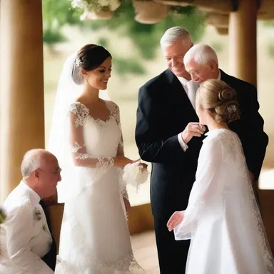 In many religious ceremonies, the father of the bride gives her away to the groom.