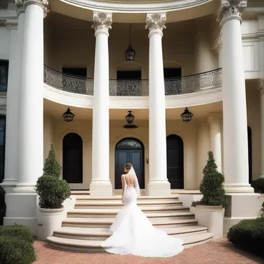 The grand entrance of the mansion was designed with beautiful columns and a staircase to symbolize the act of giving the bride away.