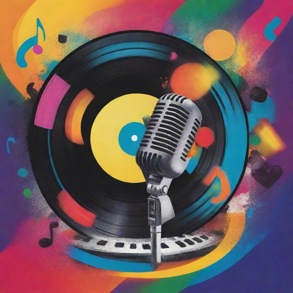 A vibrant music-themed cover with musical notes, a microphone, and records in a background of dynamic, swirling colors.