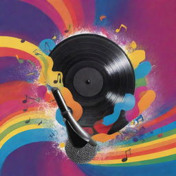 A vibrant music-themed cover with musical notes, a microphone, and records in a background of dynamic, swirling colors.