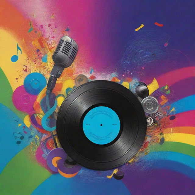 A vibrant music-themed cover with musical notes, a microphone, and records in a background of dynamic, swirling colors.