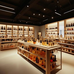 Artisanal perfume workshop, width 10 feet, length 3 feet, where perfumes are made live, featuring bespoke fragrance creation stations, raw ingredient displays, and interactive customer experience zones.