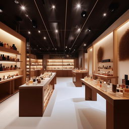 Artisanal perfume workshop, width 10 feet, length 3 feet, where perfumes are made live, featuring bespoke fragrance creation stations, raw ingredient displays, and interactive customer experience zones.