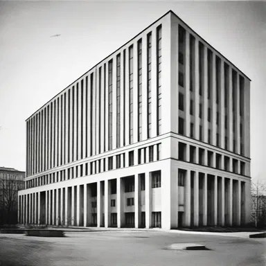 The sovietism style of this building is characterized by its stark geometric shapes and minimalistic design elements.