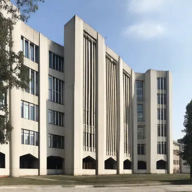 The sovietism style of this building is characterized by its stark geometric shapes and minimalistic design elements.