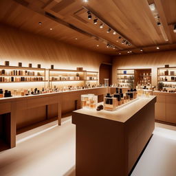 Artisanal perfume workshop, width 10 feet, length 3 feet, where perfumes are made live, featuring bespoke fragrance creation stations, raw ingredient displays, and interactive customer experience zones.