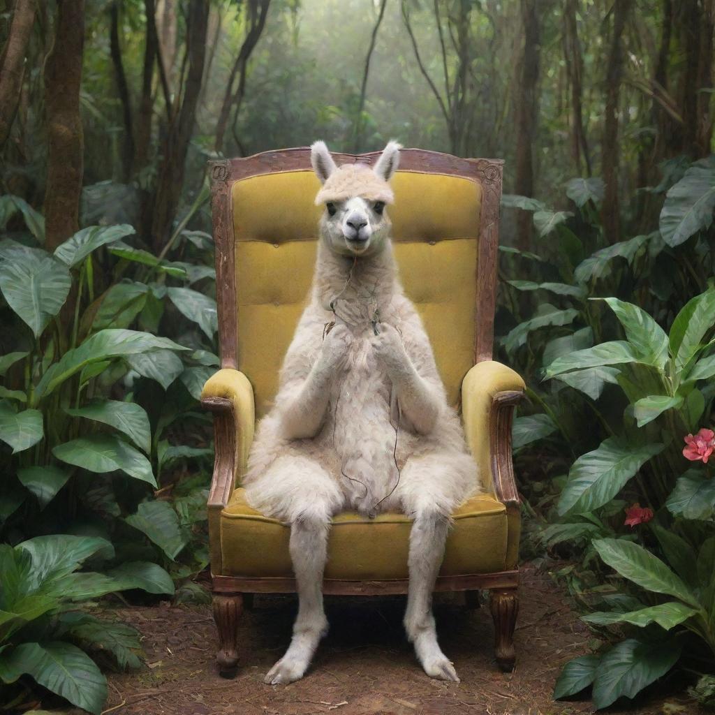 A whimsical lama seated in a chair in the heart of a lush, fantastical jungle, ears perked, engrossed in the music playing on its vintage earphones.