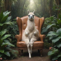 A whimsical lama seated in a chair in the heart of a lush, fantastical jungle, ears perked, engrossed in the music playing on its vintage earphones.