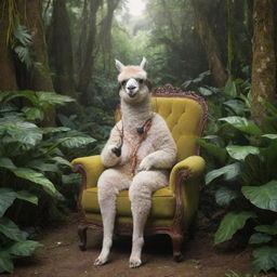 A whimsical lama seated in a chair in the heart of a lush, fantastical jungle, ears perked, engrossed in the music playing on its vintage earphones.