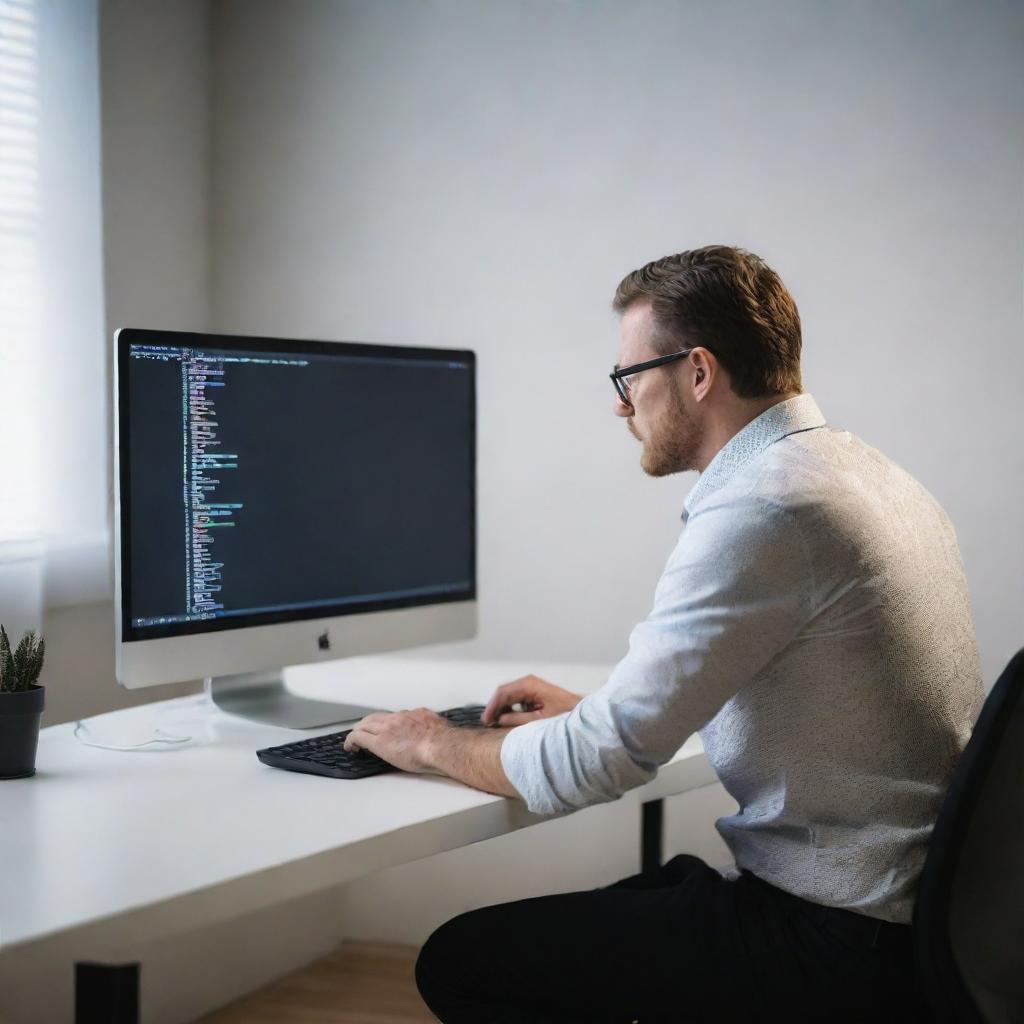 Rear view of a man engrossed in writing Python coding on a sleek computer in a well-lit room