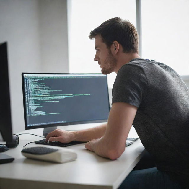 Rear view of a man engrossed in writing Python coding on a sleek computer in a well-lit room