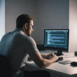 Rear view of a man engrossed in writing Python coding on a sleek computer in a well-lit room