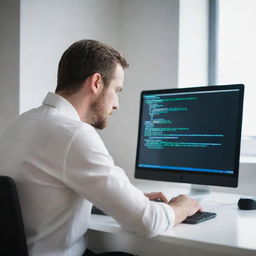 Rear view of a man engrossed in writing Python coding on a sleek computer in a well-lit room