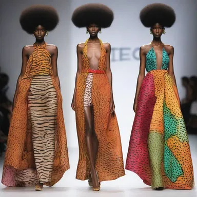 The fashion designer incorporated animalistic prints and vibrant colors into her collection, inspired by the allure and intensity of estrus in nature.