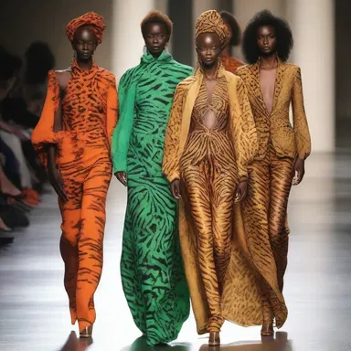 The fashion designer incorporated animalistic prints and vibrant colors into her collection, inspired by the allure and intensity of estrus in nature.